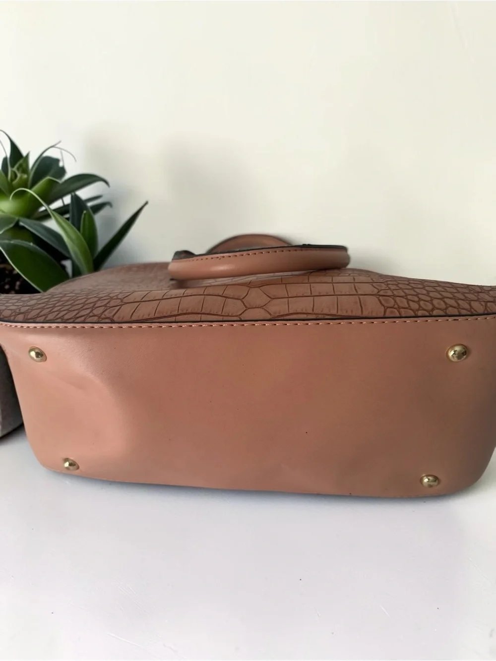 London Fog Vintage Tan/Nude Vegan Leather Croc-Embossed Satchel Gold Accents